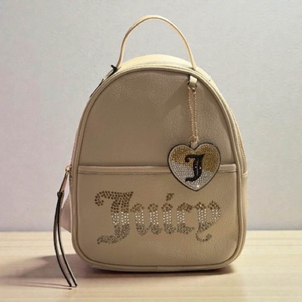 Juicy Couture Beige Mini Backpack with Rhinestone Logo and Heart Charm